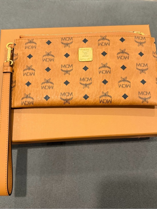 MCM Handbags - MCM Cognac Tan Visetos Logo Zip Pouch with Gold Plate